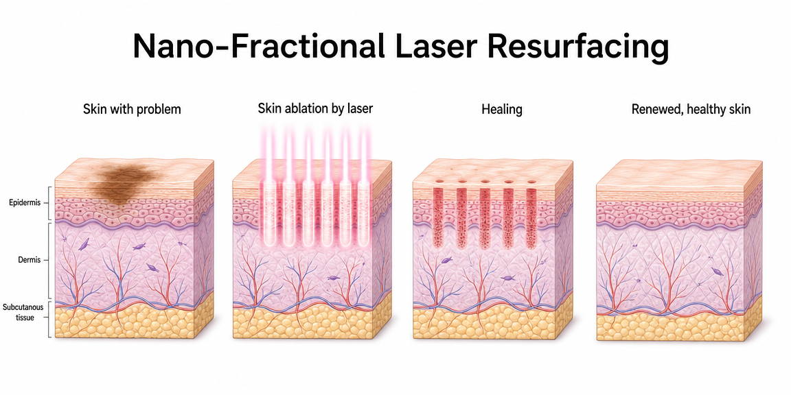A fractional skin resurfacing handpiece resting on folded linen beside a dish of cooling gel