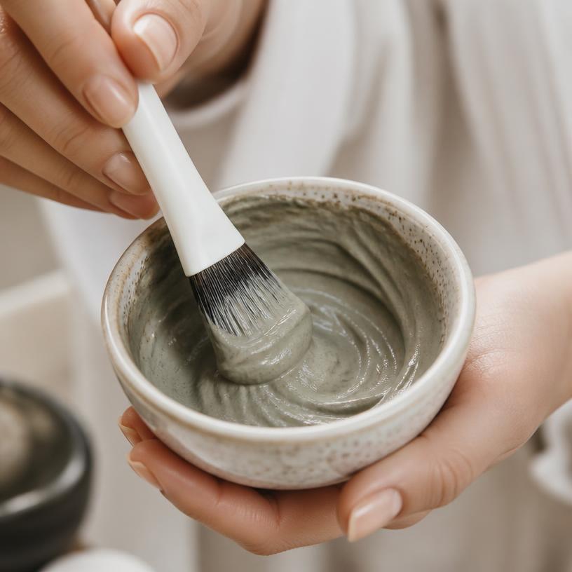 Close-up of a practitioner's hands mixing a facial mask
