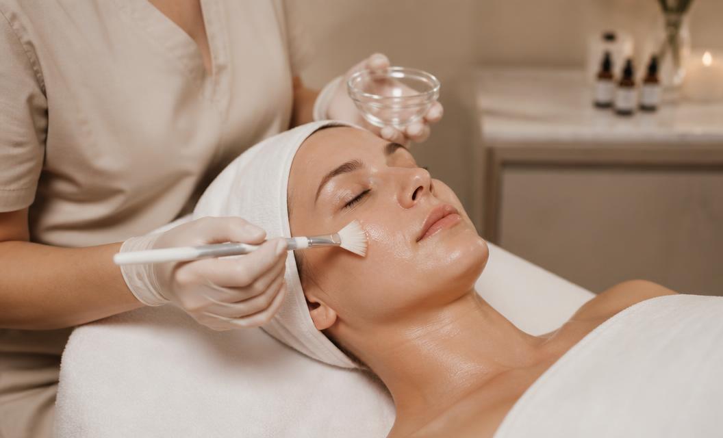 An esthetician brushing a peel serum onto a client's face during a spa facial